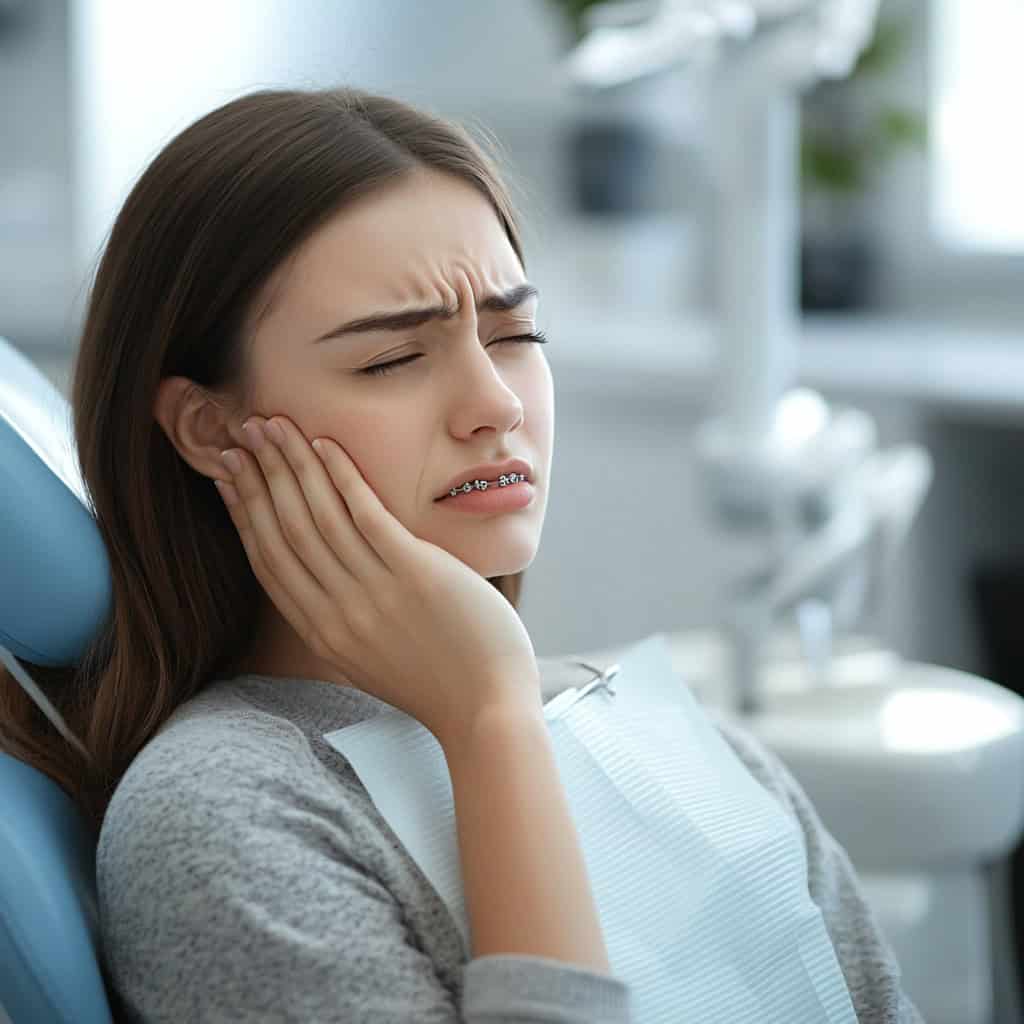 Patient with braces experiencing nerve pain or potential damage