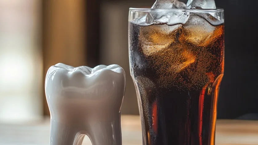 glass of soda next to a model of decayed teeth showing effects of sugary drinks on dental health