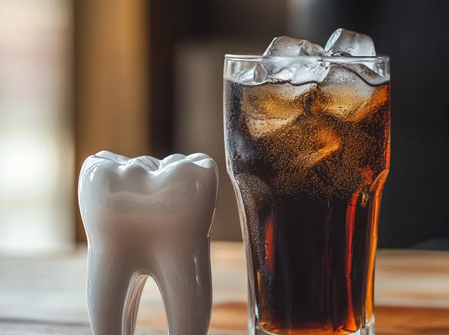 glass of soda next to a model of decayed teeth showing effects of sugary drinks on dental health