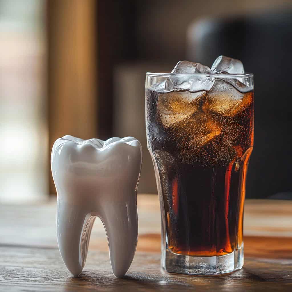 glass of soda next to a model of decayed teeth showing effects of sugary drinks on dental health