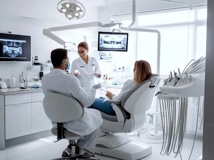 modern dental office interior with smiling patients
