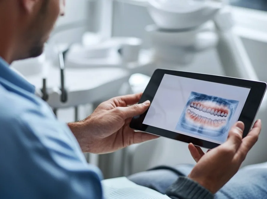 Close-up of a dentist showing gum health education charts to a slightly overweight man, focusing on the connection between weight gain and oral health issues.