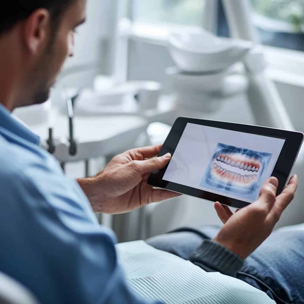 Close-up of a dentist showing gum health education charts to a slightly overweight man, focusing on the connection between weight gain and oral health issues.