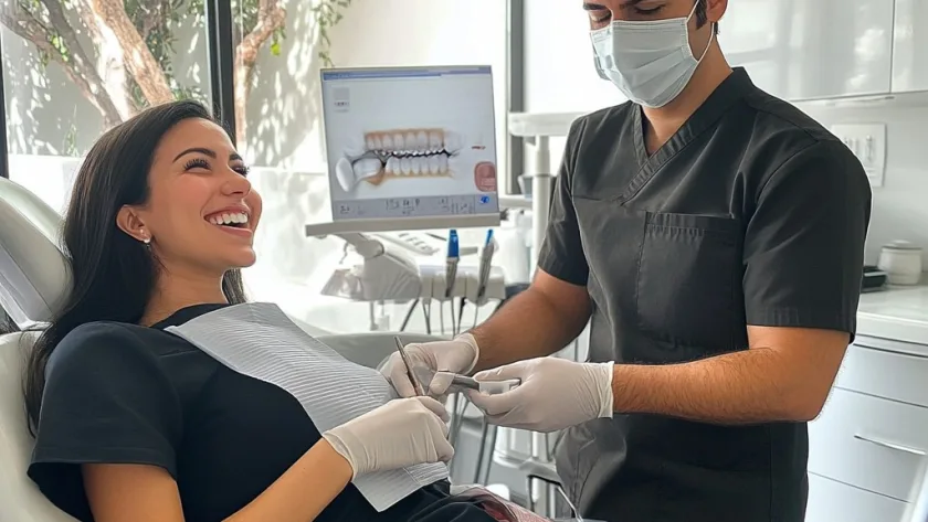 Smiling patient receiving a dental exam from a professional dentist in a clean, modern Los Angeles dental clinic.