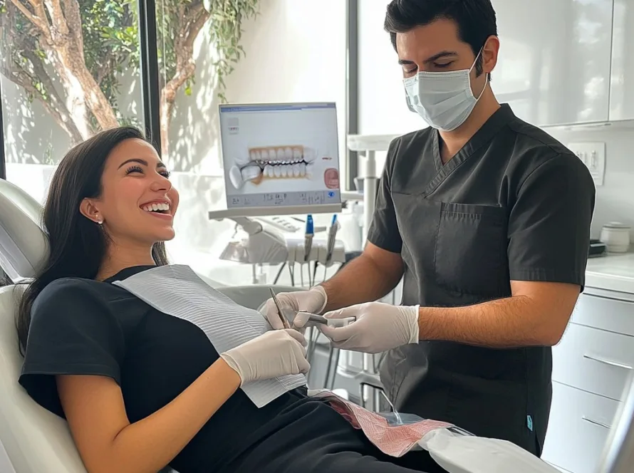 Smiling patient receiving a dental exam from a professional dentist in a clean, modern Los Angeles dental clinic.