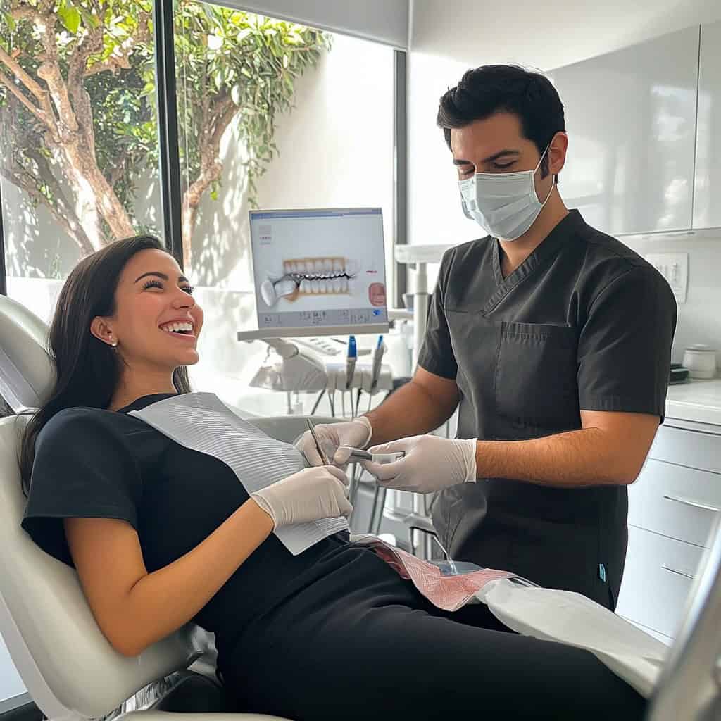 Smiling patient receiving a dental exam from a professional dentist in a clean, modern Los Angeles dental clinic.