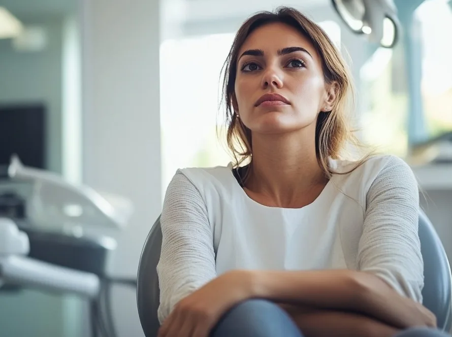 Anxious patient sitting in a dental office waiting room.