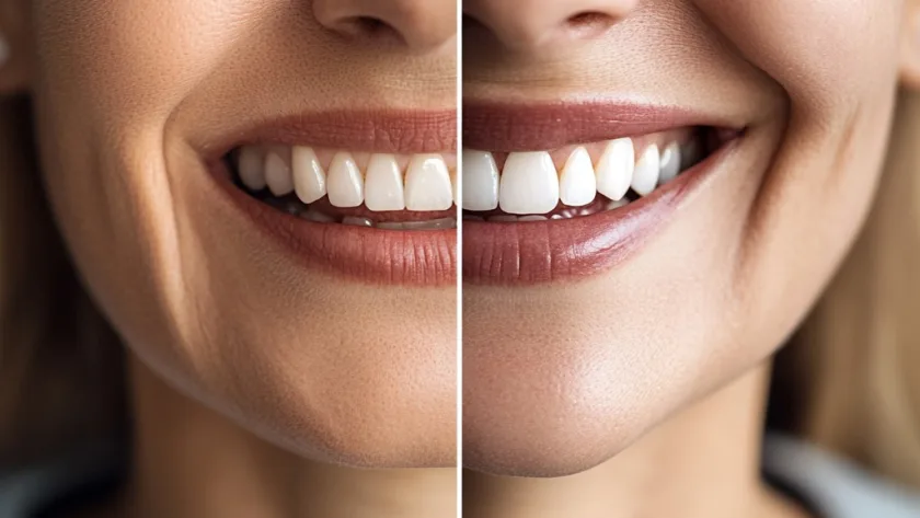 Before and after dental implant results shown side by side, highlighting improved smile and confidence in a modern dental office setting.