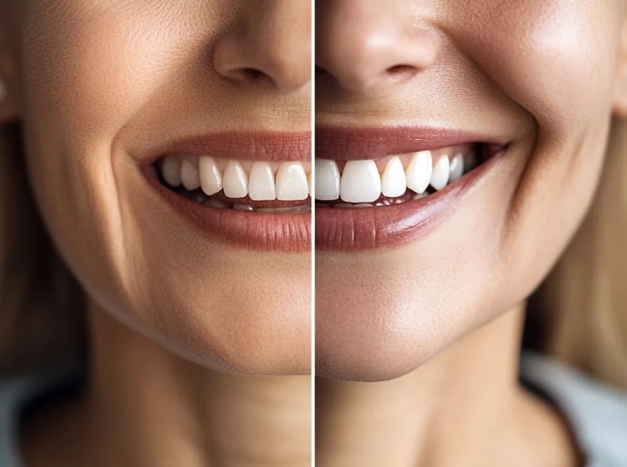 Before and after dental implant results shown side by side, highlighting improved smile and confidence in a modern dental office setting.