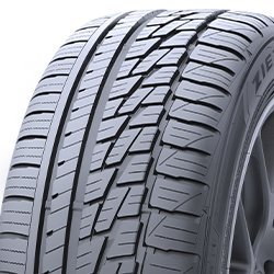 High-performance car tire with detailed tread pattern for optimal grip.