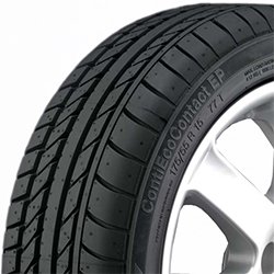 Close-up of a Migo Tire ContiEcoContact 5 tire on a silver alloy wheel.
