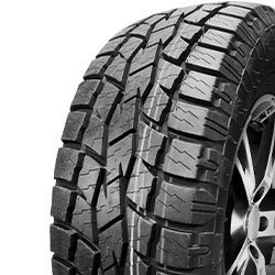 Off-road tire with rugged tread pattern for durability and traction.