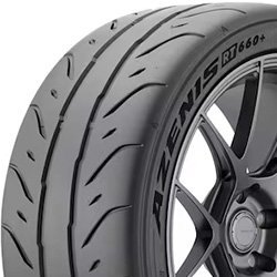 High-performance racing tire with sleek black alloy wheel.
