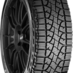All-season tire with rugged tread pattern for off-road and on-road use.