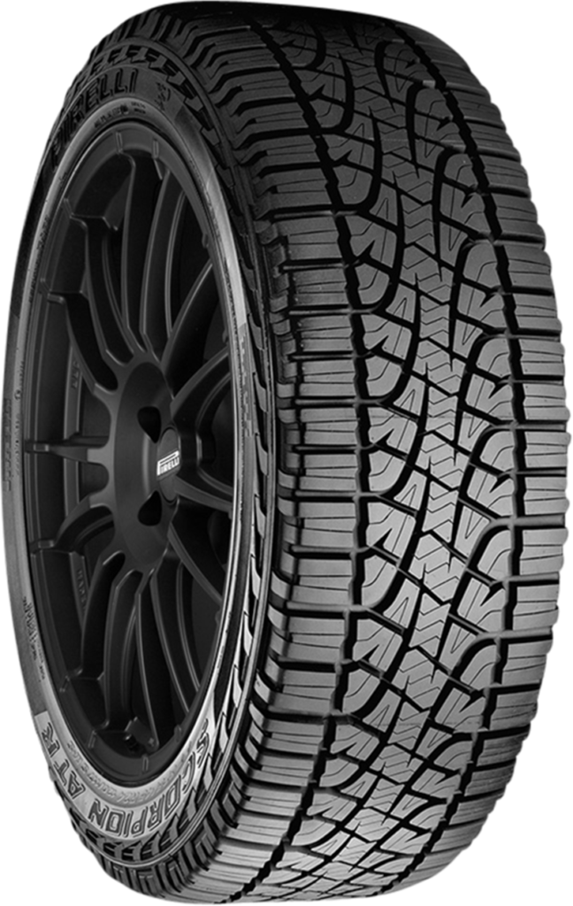 All-season tire with rugged tread pattern for off-road and on-road use.