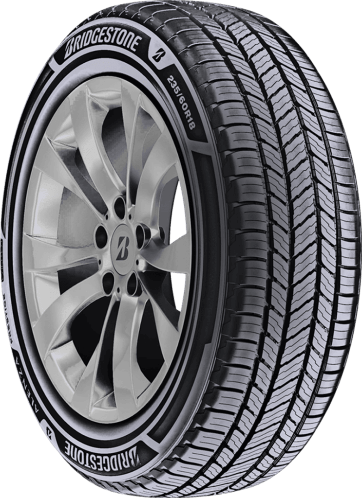 Bridgestone tire mounted on a silver alloy wheel for SUV or truck.