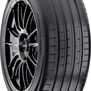 High-performance Pirelli racing tire with sleek black alloy wheel.