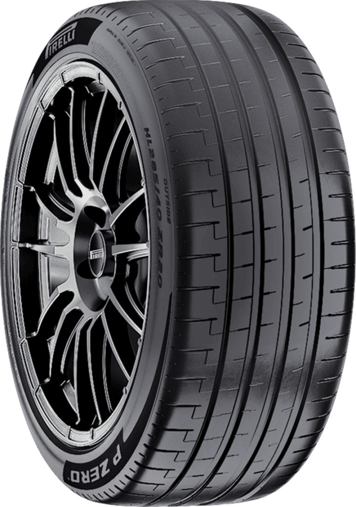 High-performance Pirelli racing tire with sleek black alloy wheel.