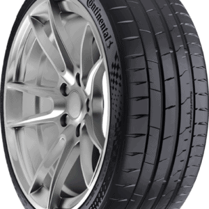 High-performance Continental tire mounted on a silver alloy wheel.