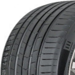 Close-up of a high-performance tire with detailed tread pattern.