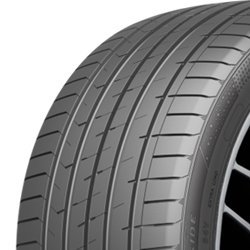 High-performance tire with detailed tread pattern for optimal grip and safety.