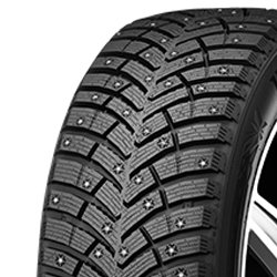 Winter tire with metal studs for enhanced traction in snow and ice conditions.