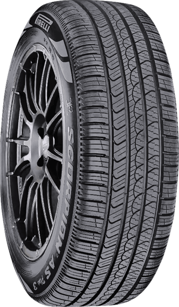 Pirelli Scorpion All Season tire mounted on a black alloy wheel.