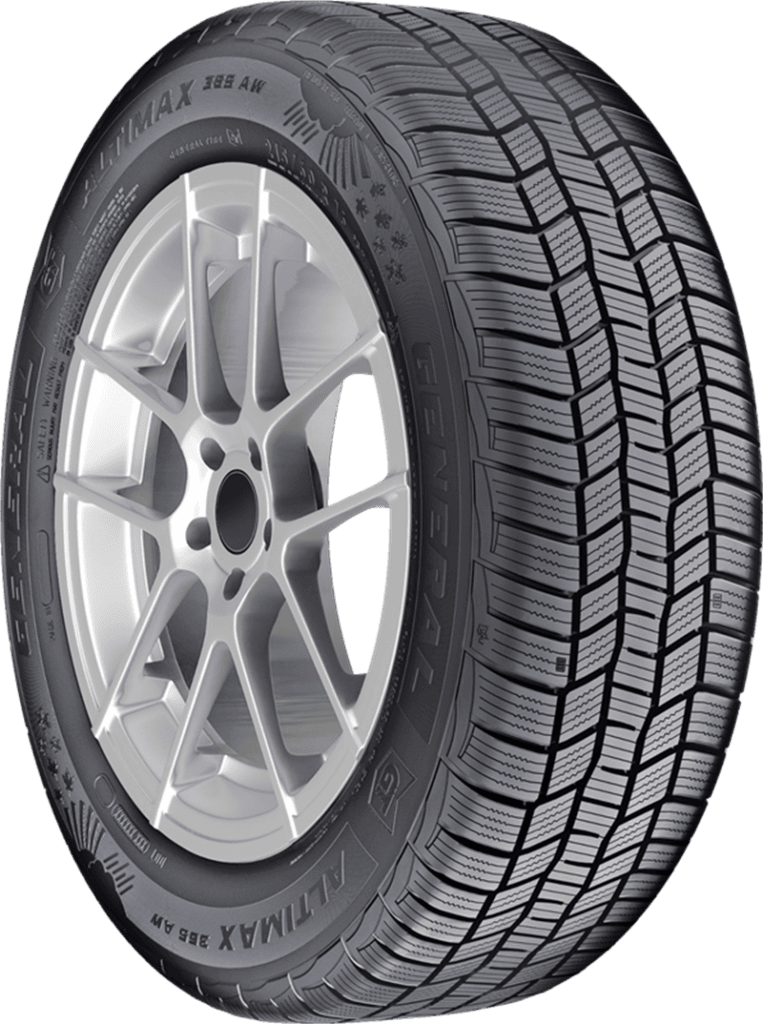 All-weather tire with a detailed tread pattern and alloy wheel.