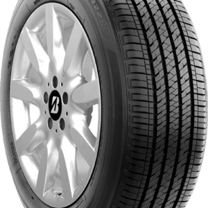 Bridgestone tire with a silver alloy wheel on a vehicle.