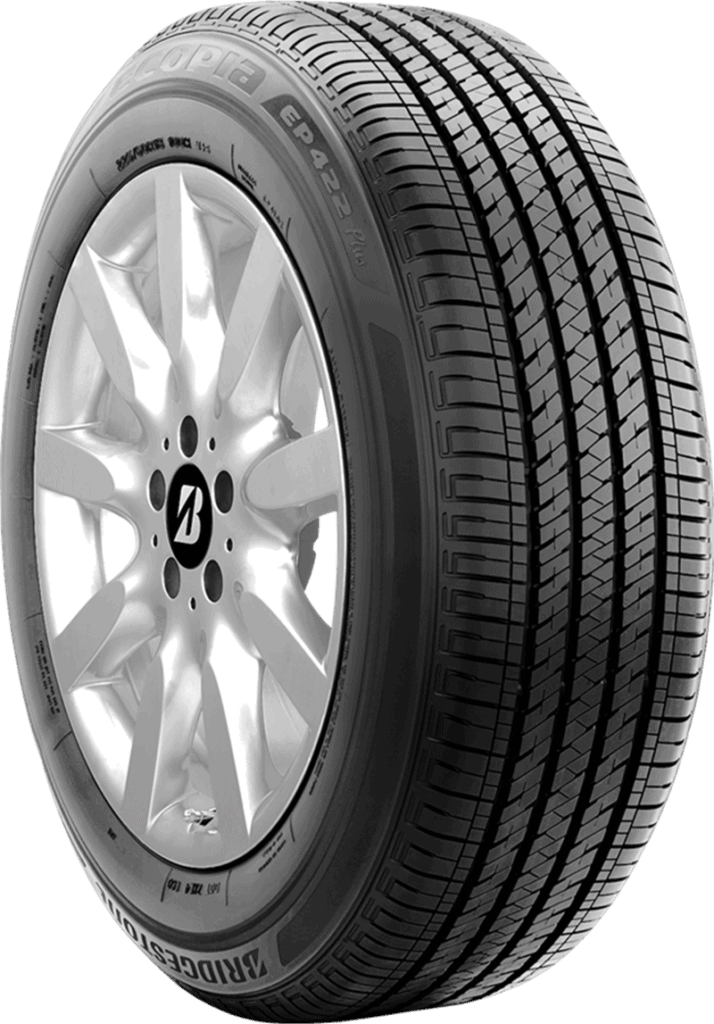 Bridgestone tire with a silver alloy wheel on a vehicle.