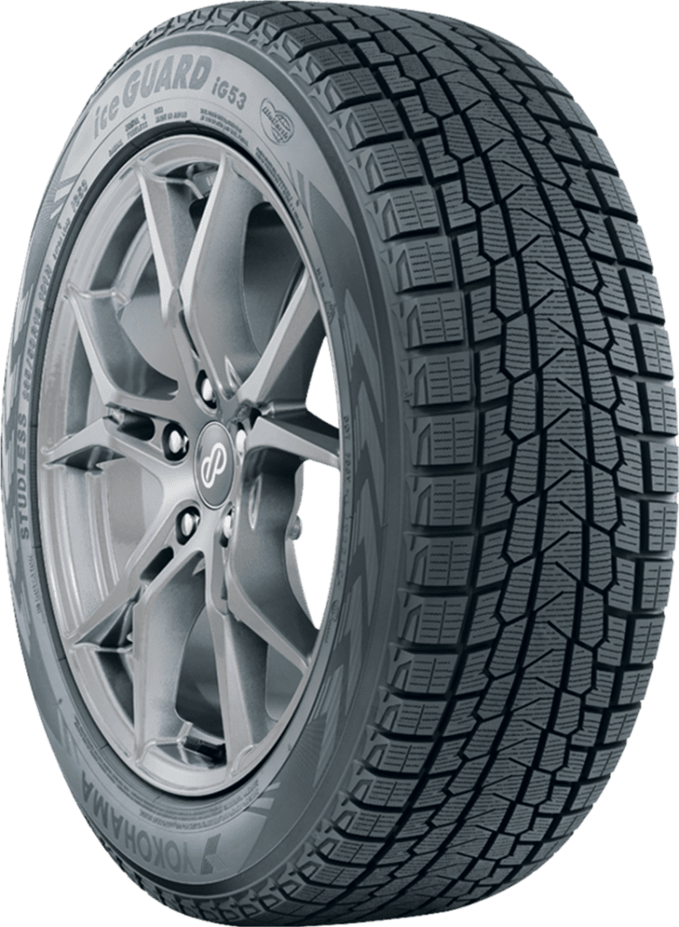 Yokohama IceGuard IG53 winter tire with alloy wheel, close-up view.