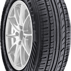 High-performance car tire with detailed tread pattern for optimal grip.