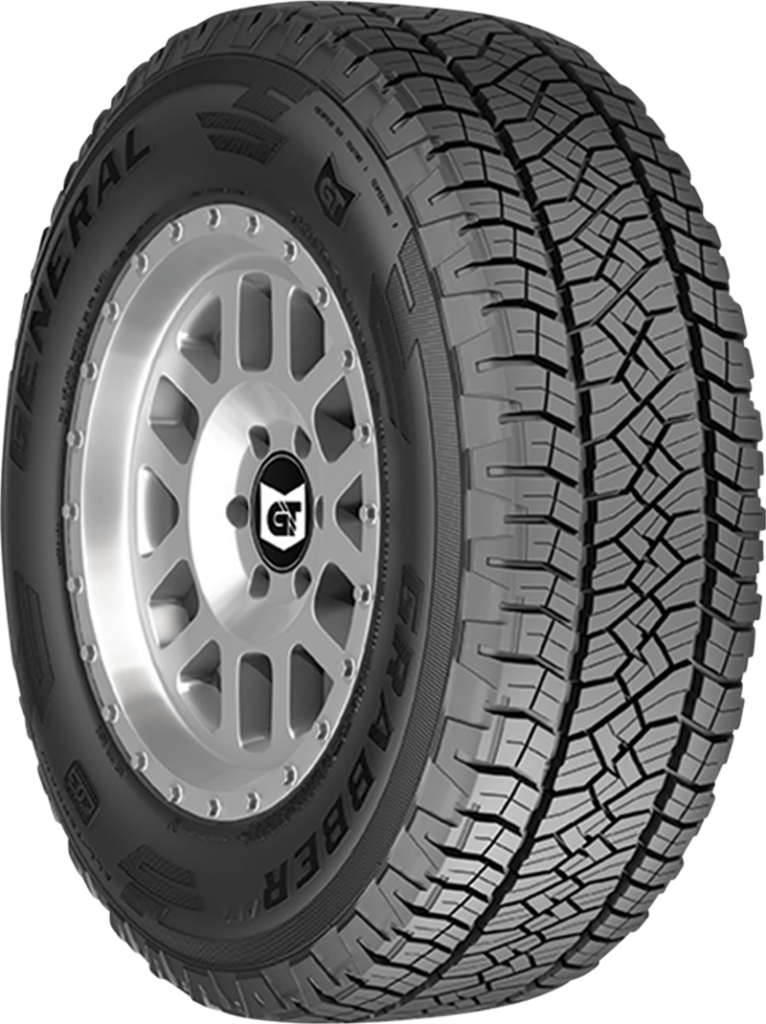 All-weather tire with rugged tread for off-road and on-road use.