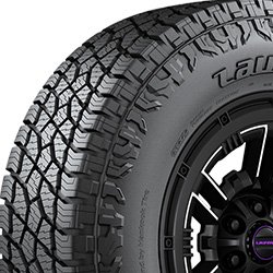 All-terrain tire with rugged tread pattern for off-road and on-road use.