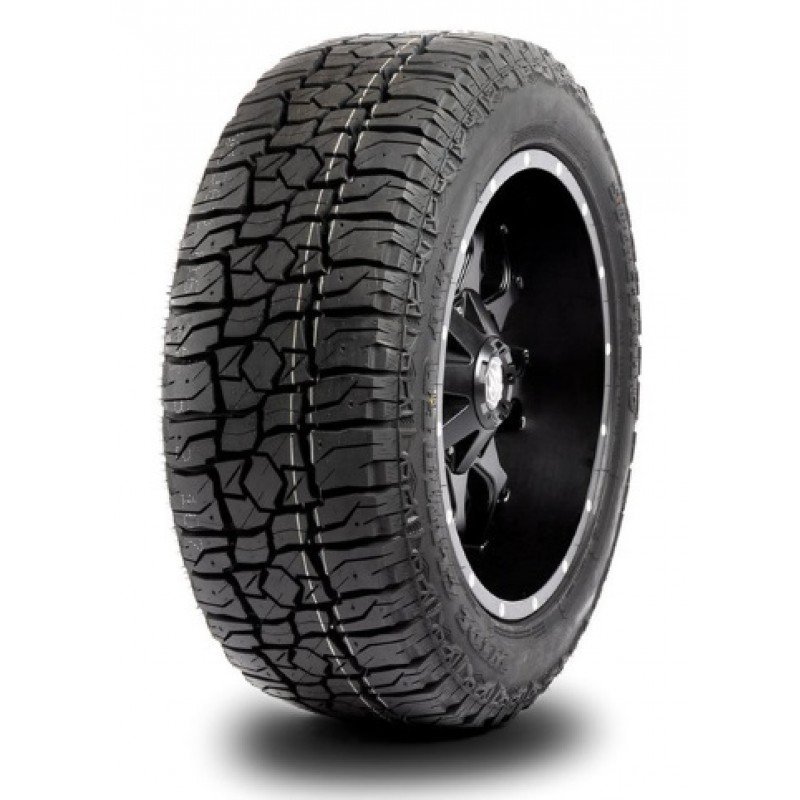 All-terrain tire with rugged tread for off-road driving.