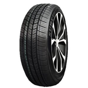All-season tire with black alloy wheel for vehicles.