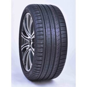 New car tire with alloy wheel on white background.