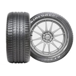 Set of two car tires with detailed tread pattern and alloy wheel rim.