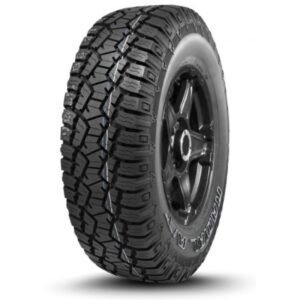 Off-road tire with rugged tread for all-terrain driving.