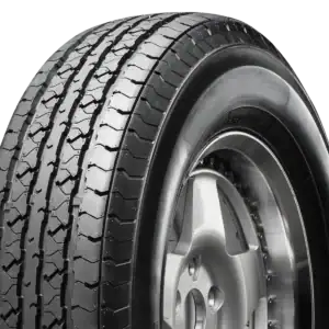 Commercial truck tire with detailed tread pattern for durability and traction.