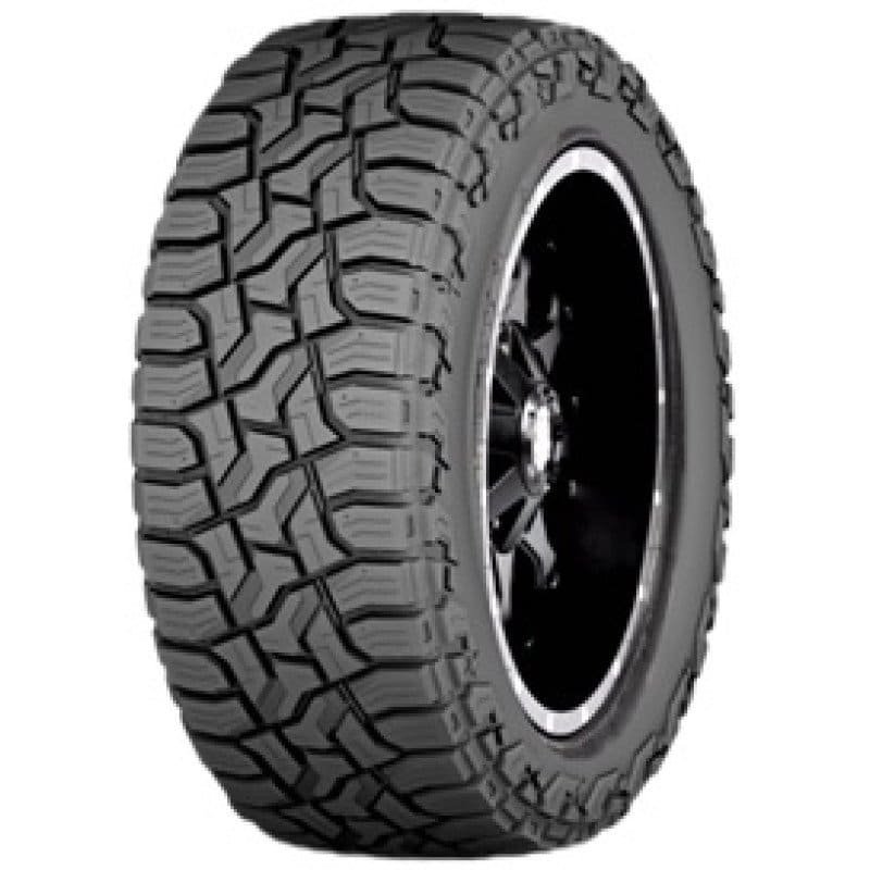Off-road tire with rugged tread for all-terrain driving.