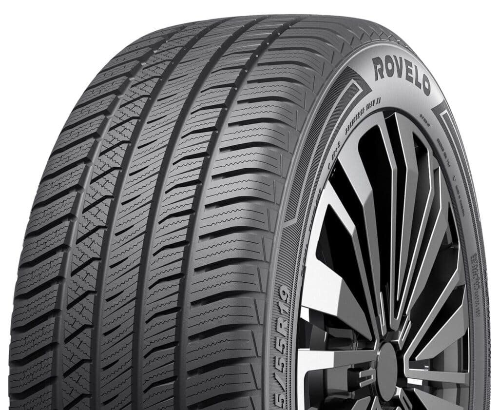 Rovelo tire with detailed tread pattern and stylish black alloy wheel.