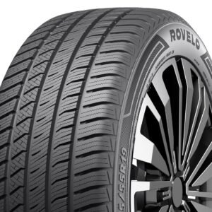 Rovelo tire with detailed tread pattern and stylish black alloy wheel.