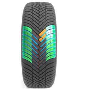 Tire tread with highlighted zones showing wear and grip patterns for optimal performance.