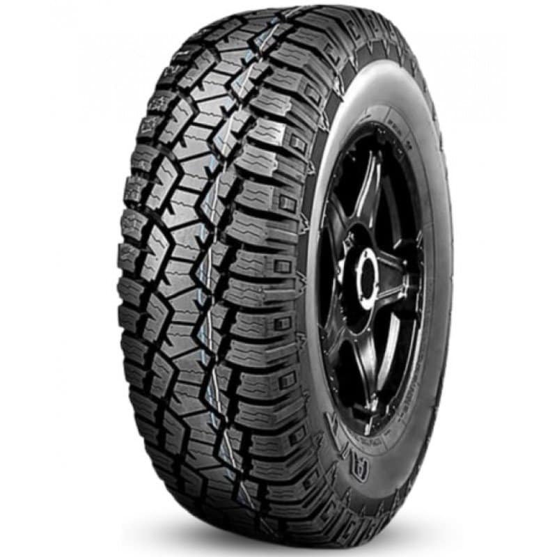 All-terrain tire with rugged tread for off-road driving.