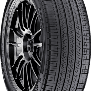 High-performance car tire with sleek black alloy wheel for optimal grip.