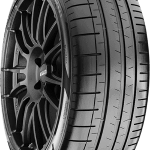 High-performance Pirelli tire with black alloy wheel for cars.