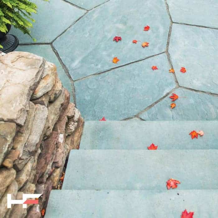 Stone patio with scattered red and orange autumn leaves, outdoor setting.