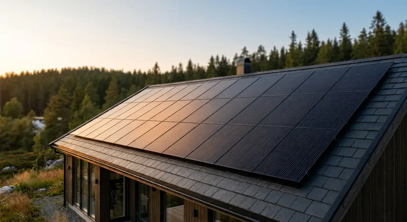 Et moderne enebolig-tak i Telemark dekket med svarte, elegante solcellepaneler som reflekterer ettermiddagssolen.