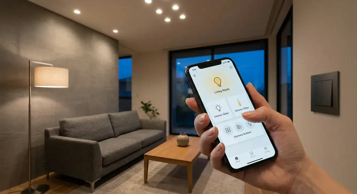 A warm, modern living room with soft, dimmed lighting and a smartphone displaying a home automation app